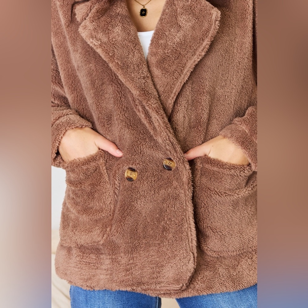 NEW Culture Code Brown Double Breasted Fuzzy Teddy Fleece Peacoat Jacket - Picture 3 of 5